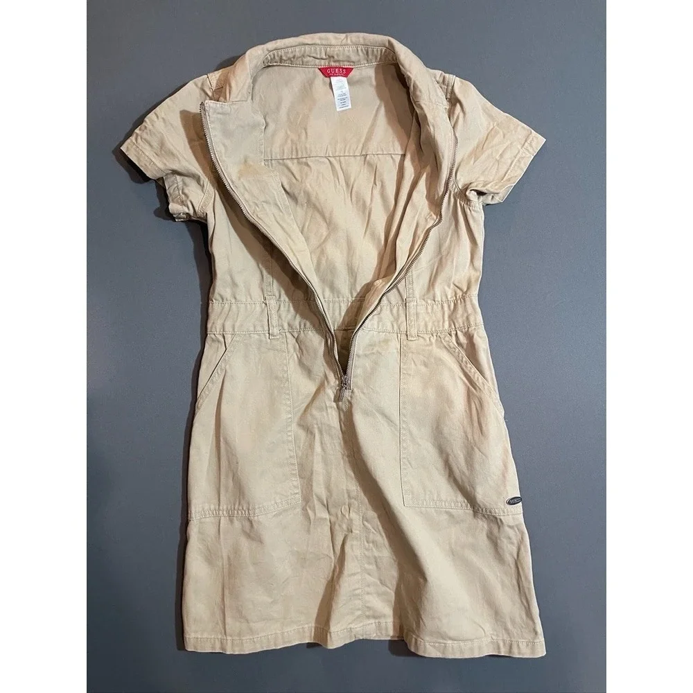 Girls Guess Vintage 90s  Khaki Cargo Utility Mini dress with pockets size 12